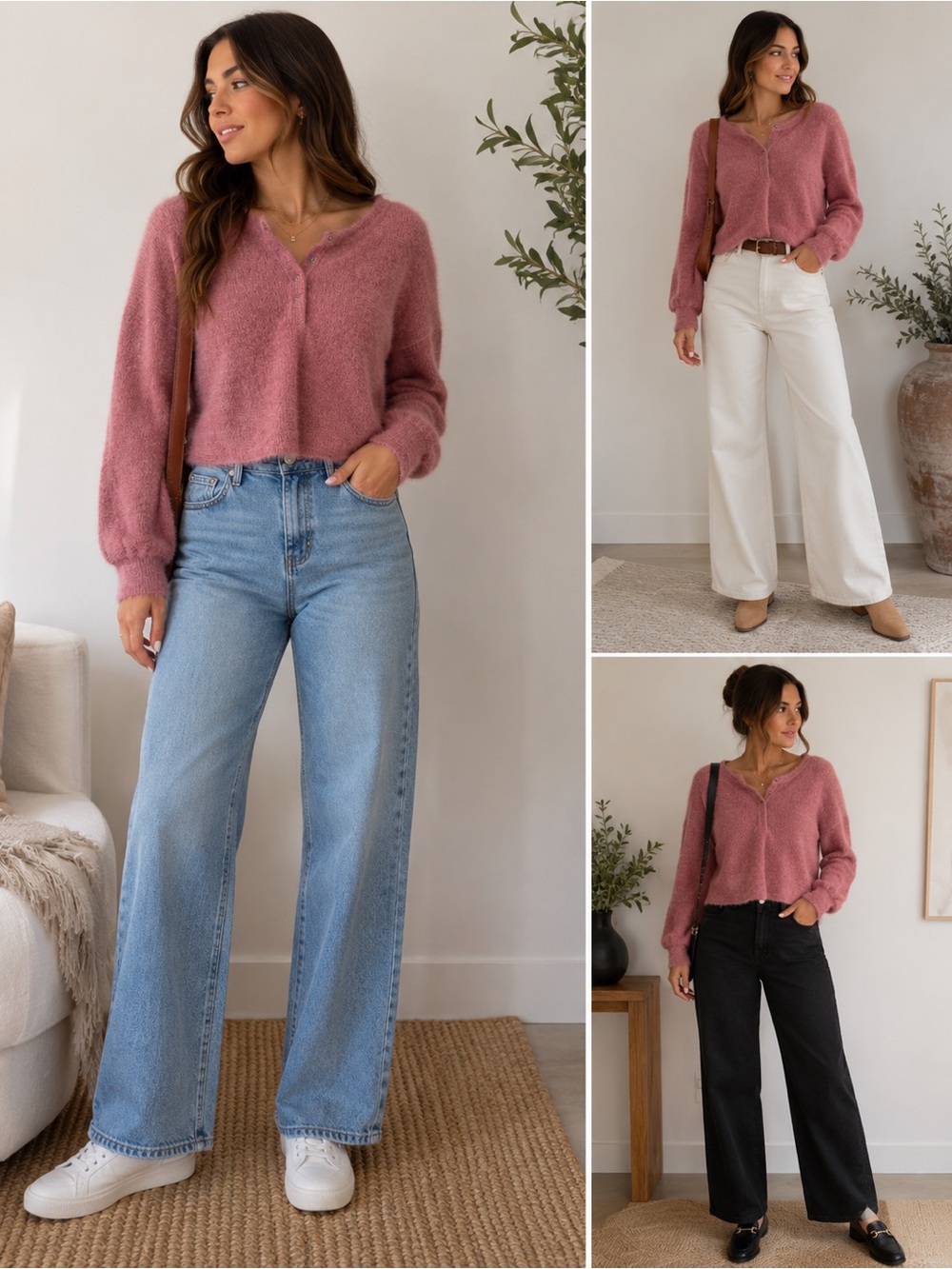 Hollister Fuzzy Henley Sweater Women’s Medium Dusty Rose Pink Cropped Cozy